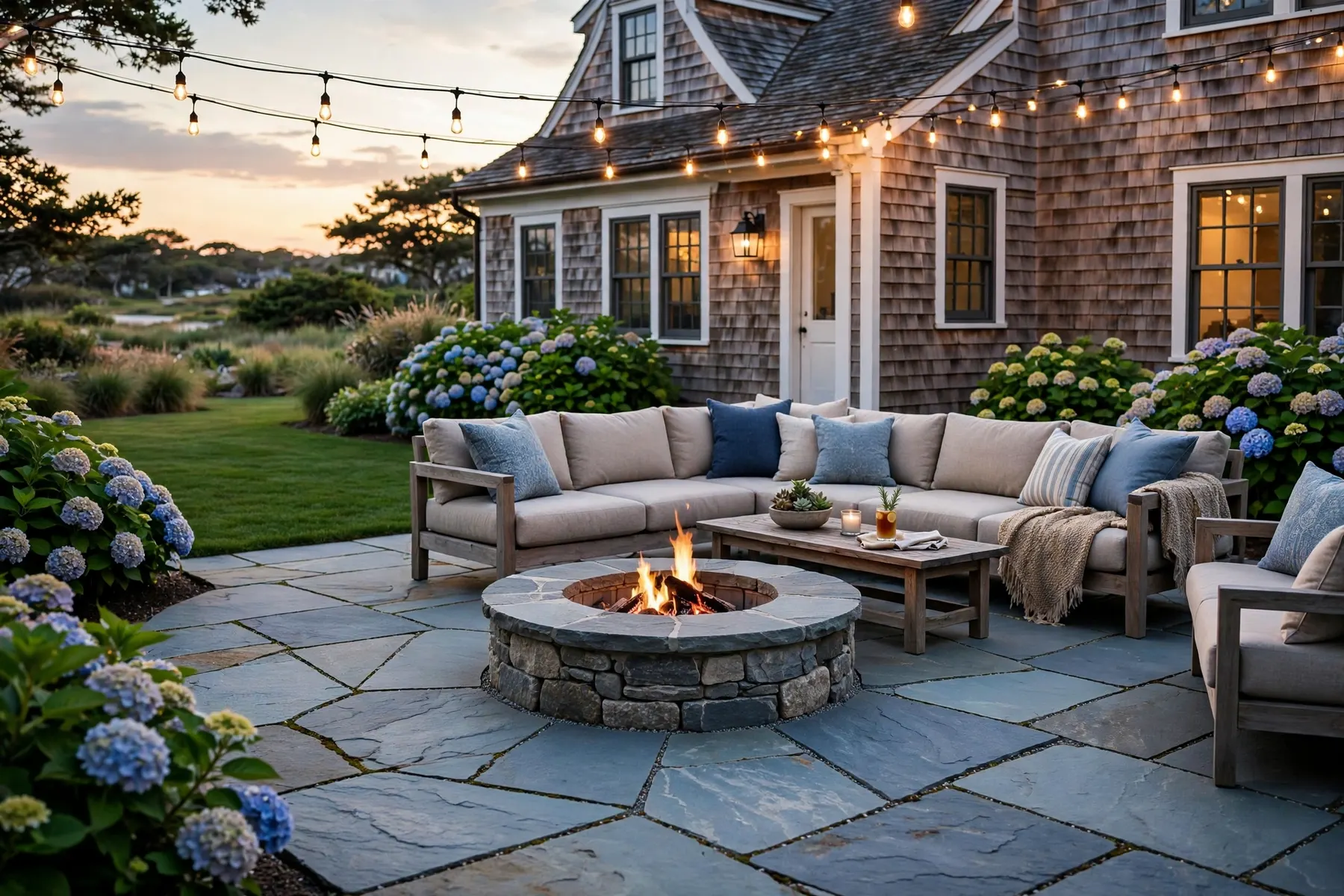Outdoor living patio with fire pit and seating