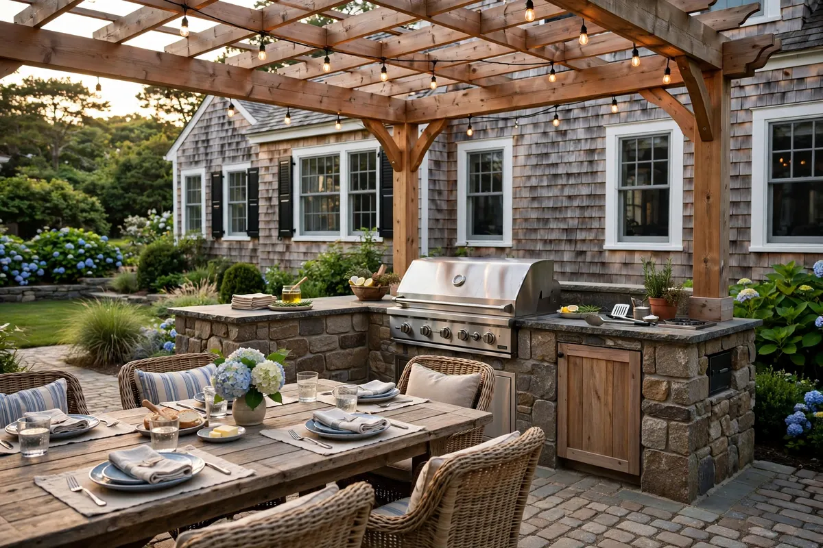 Stone outdoor kitchen with built-in grill under a pergola