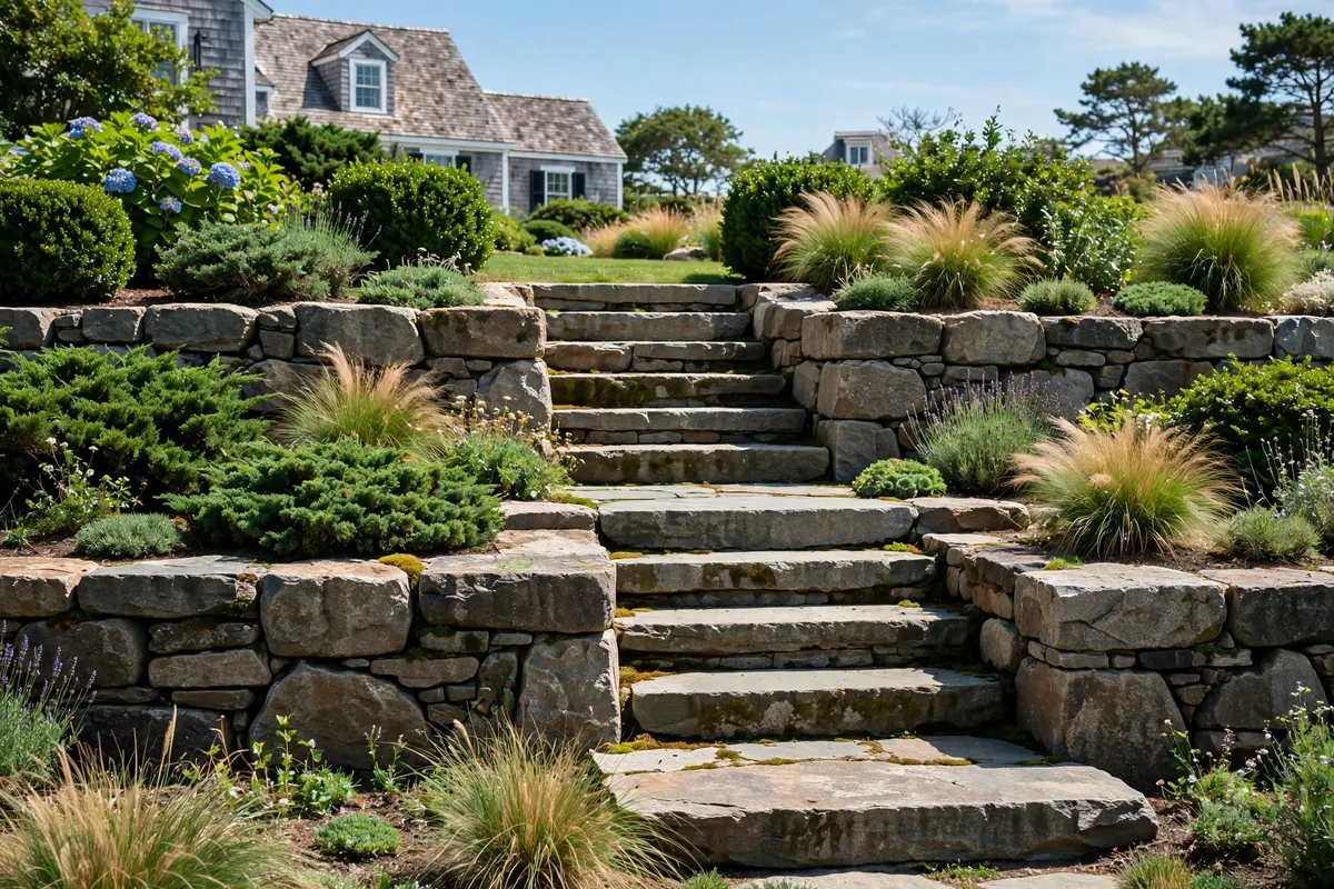 Natural stone retaining wall with wide stone steps
